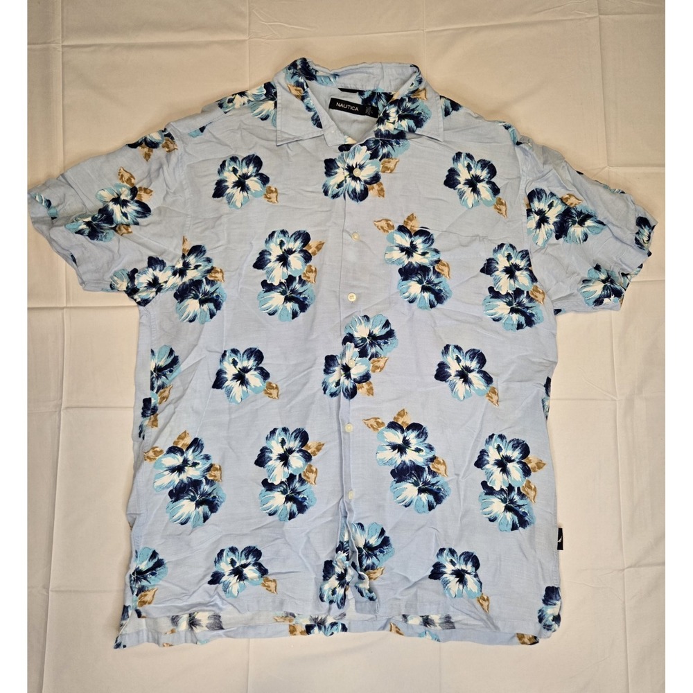 Nautica Mens Large Linen Blend Hawaiian Print Blue Floral Button Shirt Vacay